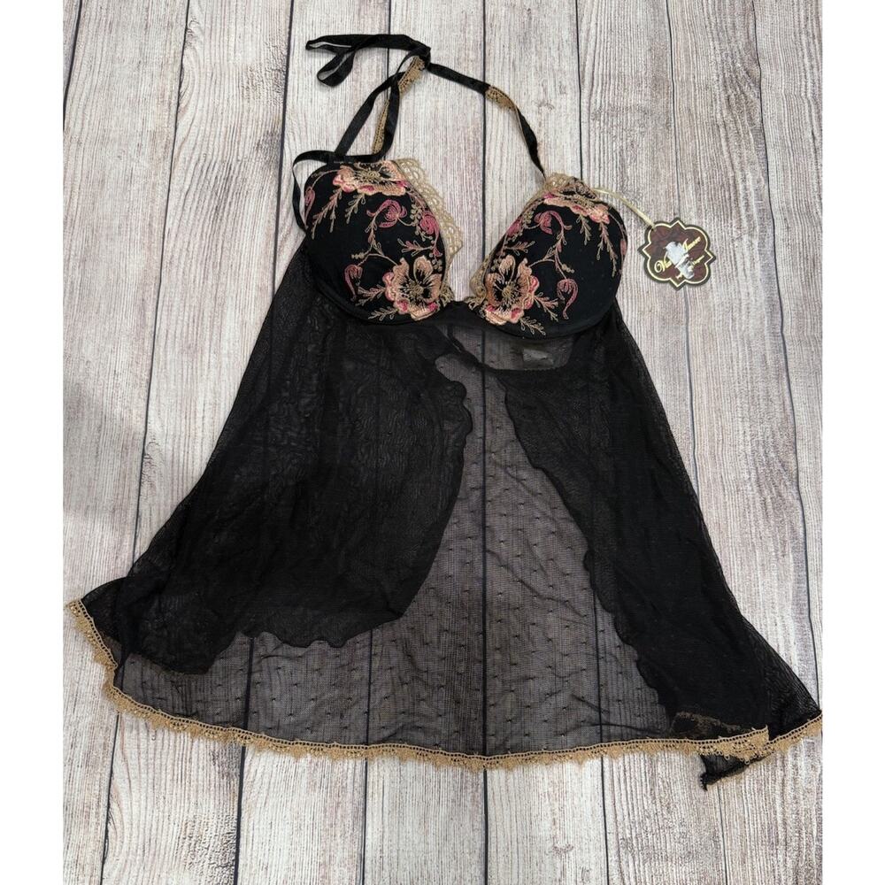 Via Del Amore M Babydoll Top Night Gown Lace Black Sheer Open Back Sexy C3